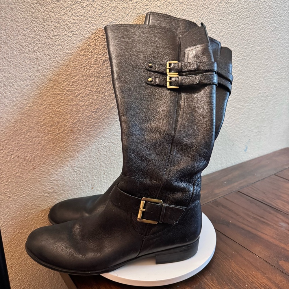 Naturalizer Black Leather Knee-High Heeled Boots with Gold Buckles